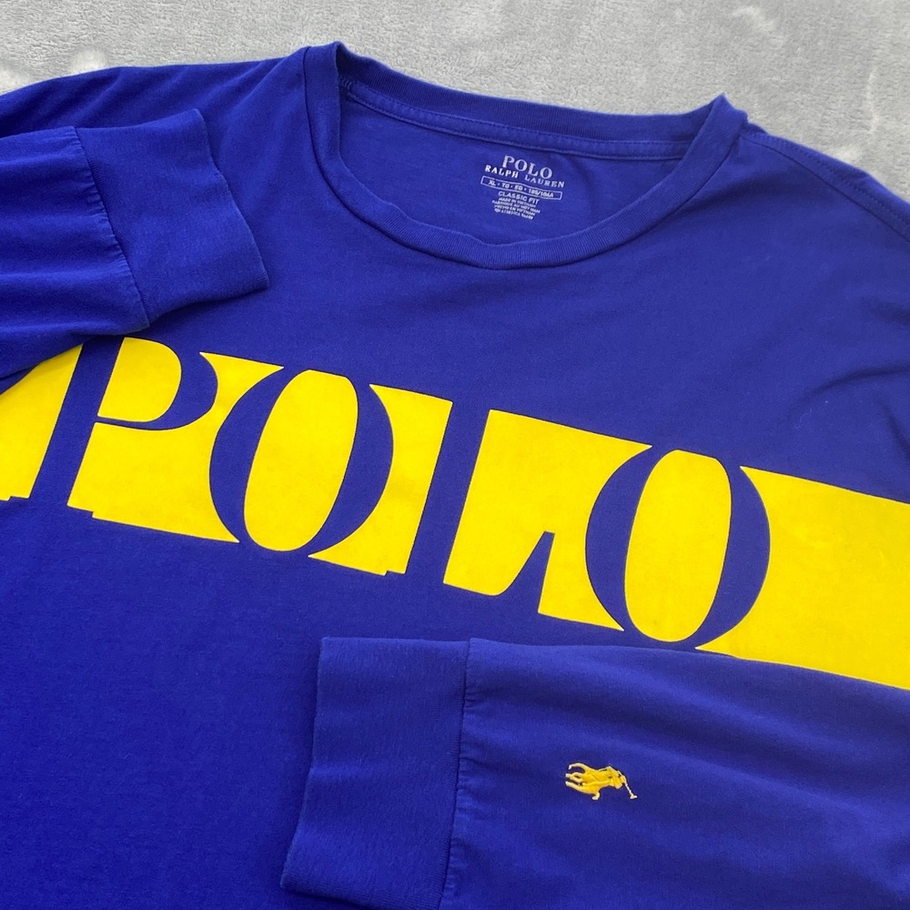 Polo Ralph Lauren Mens XL Blue Yellow Big Logo Long Sleeve T-Shirt Classic Fit